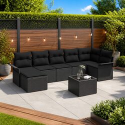 Garden Sofa Set 8 Pieces Outdoor Furniture Black Poly Rattan with Cushions