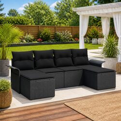 Outdoor Garden Sofa Set 6 Piece Black Poly Rattan Patio Furniture with Cushions