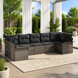 Garden Sofa Set Modular Outdoor Furniture Grey Poly Rattan 7 Piece with Cushions