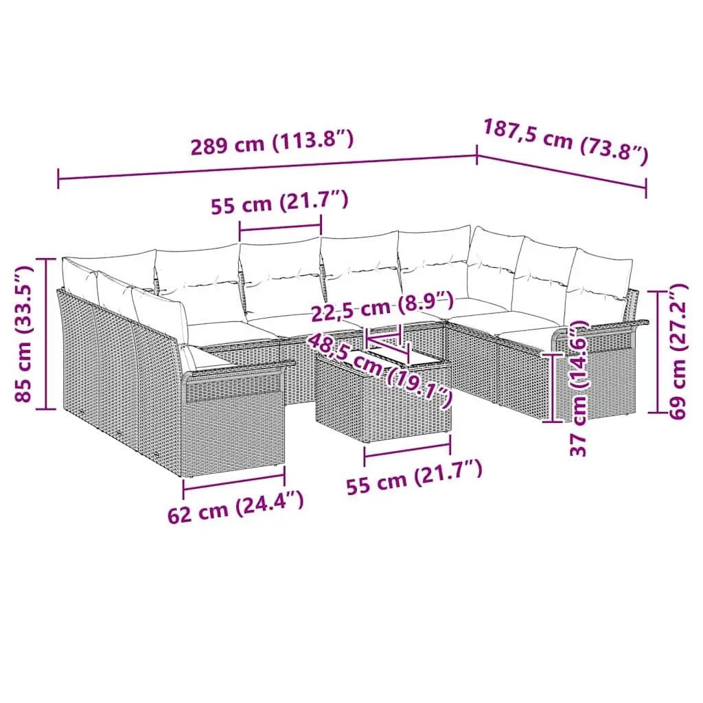 Garden Sofa Set 10 Piece Grey Poly Rattan Outdoor Furniture with Cushions
