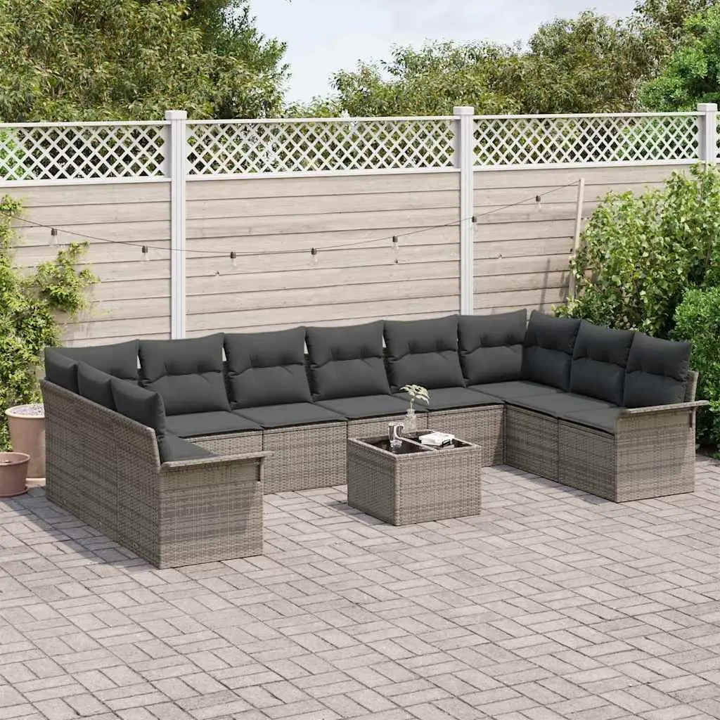 Outdoor Garden Sofa Set 11 Pieces Grey Poly Rattan Furniture with Cushions