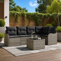 Garden Sofa Set 6 Pieces Grey Outdoor Furniture Modular Poly Rattan with