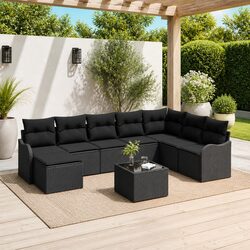 Garden Sofa Set 9 Piece Outdoor Furniture Black Poly Rattan Patio Lounge Suite