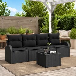 Outdoor Garden Sofa Set Black Modular Patio Seating with Cushions and Glass