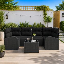 Outdoor Garden Sofa Set Black Modular Poly Rattan Patio Seating with Glass Table