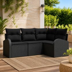 Outdoor Garden Sofa Set 4 Pieces Black Poly Rattan Patio Furniture Modern Design