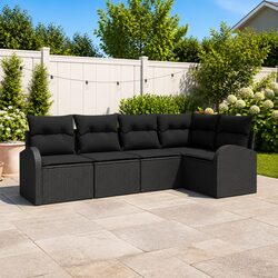 Outdoor Sofa Set Modular Garden Furniture Black Poly Rattan with Cushions
