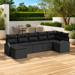 Modular Garden Sofa Set 7 pcs Black Poly Rattan Outdoor Furniture with Cushions