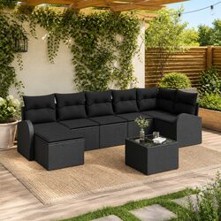Modular Outdoor Garden Sofa Set 8 Pieces with Cushions Black Poly Rattan Patio