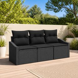 Outdoor Sofa Set 3 Piece Black Poly Rattan Garden Furniture with Cushions