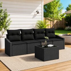 Outdoor Sofa Set 5 Pieces Black Poly Rattan Garden Patio Furniture with Cushions