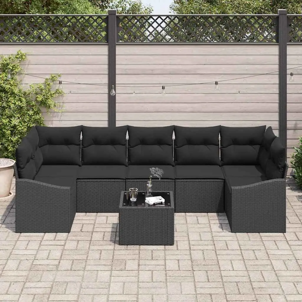 Outdoor Sofa Set Black Garden Furniture Poly Rattan with Glass Table Modular