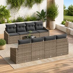 Outdoor Sofa Set Grey Poly Rattan Garden Furniture 9 Pieces with Cushions Table