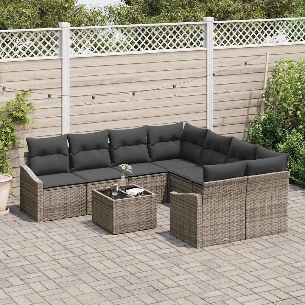 Outdoor Sofa Set 9 Piece Grey Poly Rattan Garden Furniture with Cushions and Adjustable Table