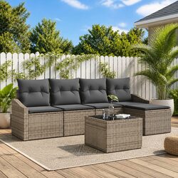 Outdoor Sofa Set 6 Piece Grey Poly Rattan Garden Furniture with Cushions