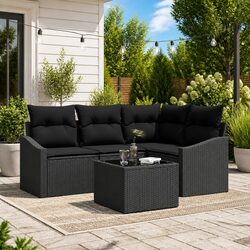 Outdoor Sofa Set 5 Piece Black Poly Rattan Garden Furniture Patio Sectional
