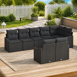 Outdoor Sofa Set 8 Piece Black Poly Rattan Garden Furniture Patio Lounge with