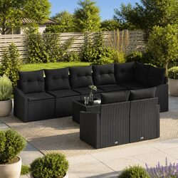 Outdoor Garden Sofa Set 9 Piece Black Poly Rattan Patio Furniture with Cushions