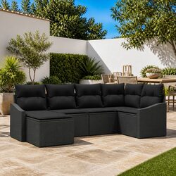 Outdoor Garden Sofa Set 6 Piece Black Poly Rattan Modular Lounge with Cushions