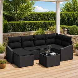 Outdoor Sofa Set 7 Pieces Black Poly Rattan Garden Patio Furniture Modular