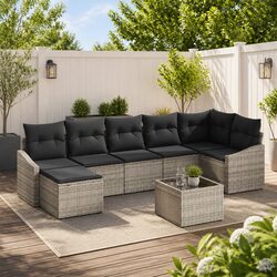 Outdoor Sofa Set 8 Pieces Grey Poly Rattan Garden Patio Furniture with Cushions