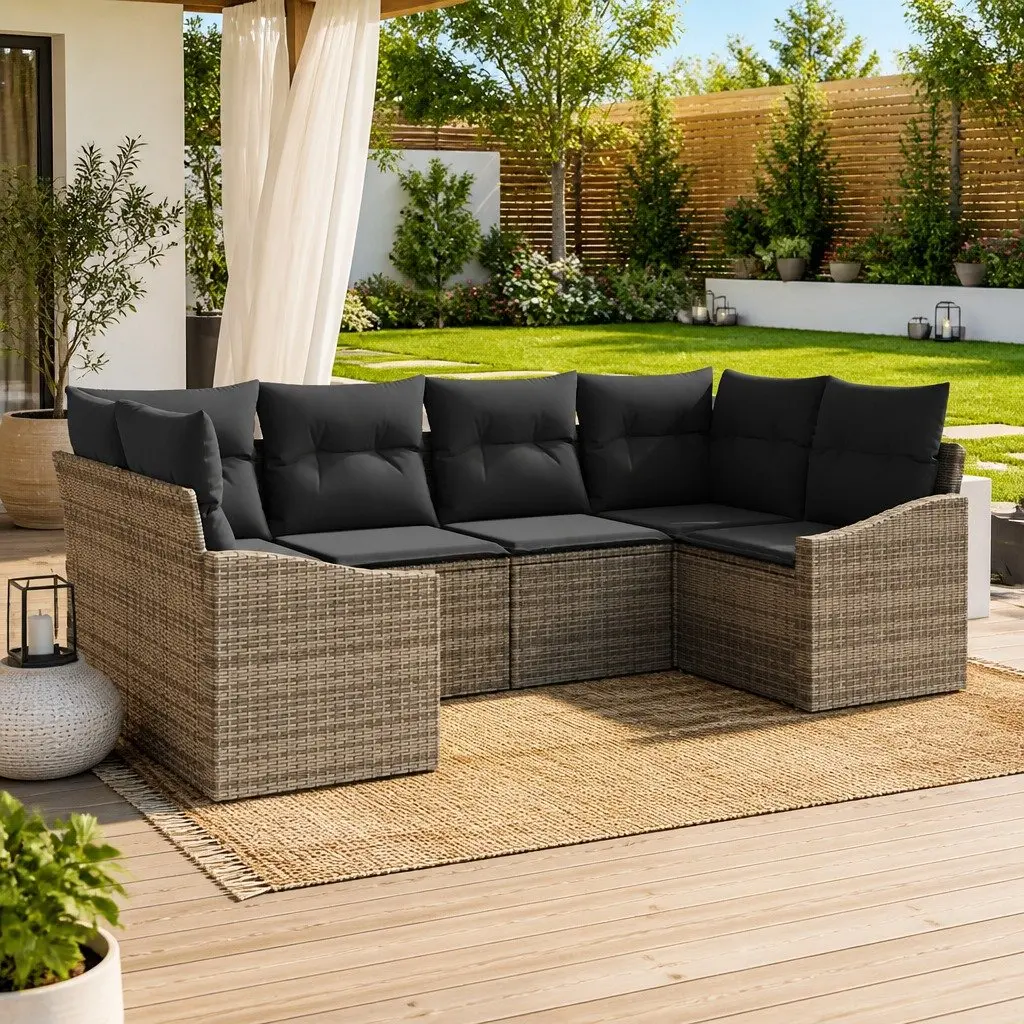 Modular Outdoor Garden Sofa Set 6 Piece Grey Poly Rattan with Cushions