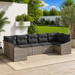 Outdoor Sofa Set 7 Pieces Grey Poly Rattan Garden Furniture with Cushions