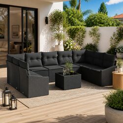 Outdoor Garden Sofa Set 10 Piece Black Poly Rattan Modular Patio Furniture with
