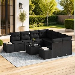 Outdoor Garden Sofa Set 9 Piece Black Poly Rattan Patio Furniture with Cushions