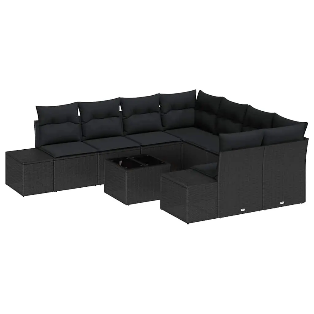 Outdoor Garden Sofa Set 9 Piece Black Poly Rattan Patio Furniture with Cushions
