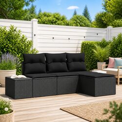 Garden Sofa Set 4 pcs Black Outdoor Furniture Poly Rattan Modular with Cushion