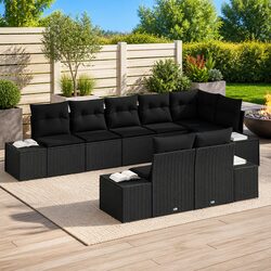 Garden Sofa Set 8pcs Outdoor Modular Lounge with Cushions Black Poly Rattan