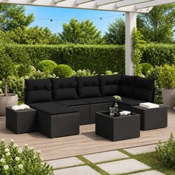 7 Piece Outdoor Garden Sofa Set Modular Rattan Furniture with Cushions Black
