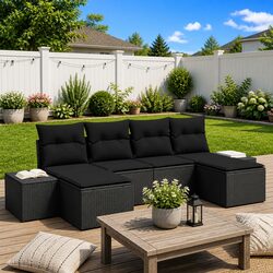 Outdoor Garden Sofa Set 6 Piece Black Poly Rattan Modular Seating with Cushions