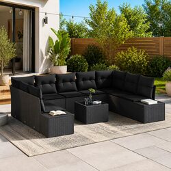 Outdoor Garden Sofa Set 10 Pieces Black Poly Rattan Modular Patio Furniture