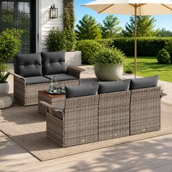 Modular Garden Sofa Set 6 Pcs Grey Poly Rattan Outdoor Furniture Patio Lounge