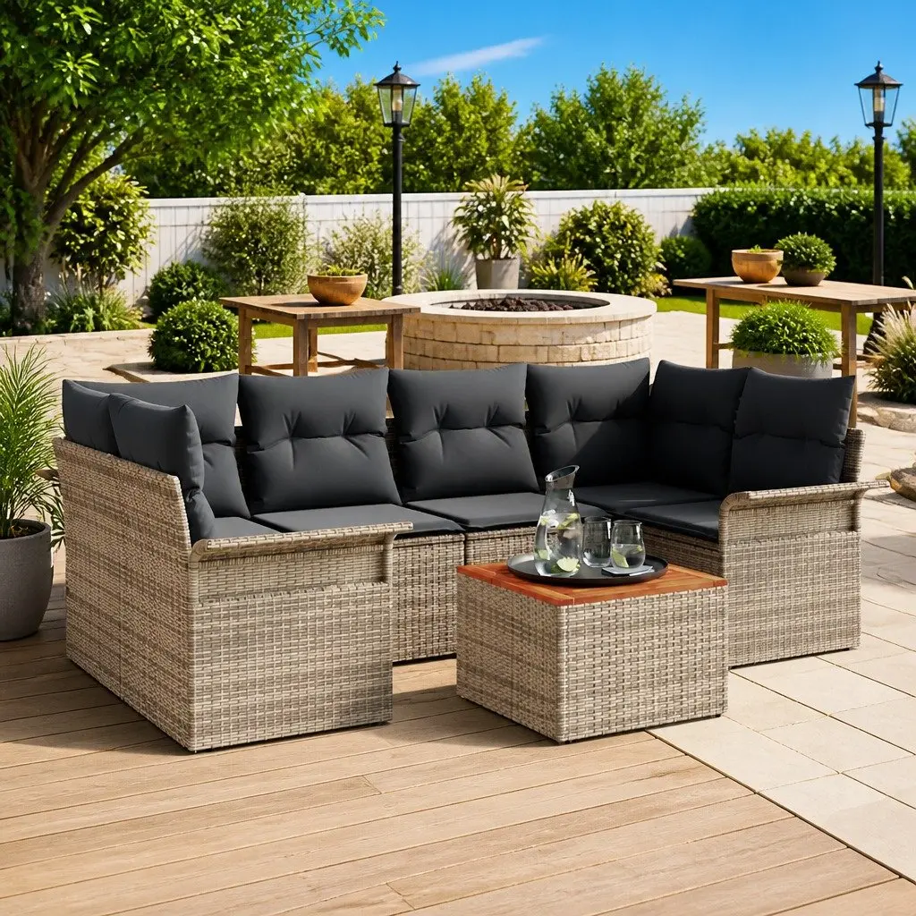 Modular Garden Sofa Set 7 Pieces Grey Poly Rattan Outdoor Furniture