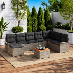 Garden Sofa Set 9 Piece Modular Outdoor Furniture Grey Poly Rattan Patio Lounge