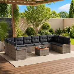 Modular Garden Sofa Set 11 Pieces Grey Poly Rattan Outdoor Furniture with