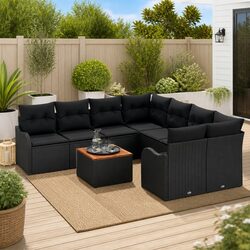 Garden Sofa Set 9pcs Modular Outdoor Furniture Black Poly Rattan Patio Seating