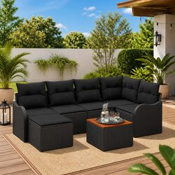 Garden Sofa Set 7 Pieces Modular Outdoor Furniture Black Poly Rattan Patio
