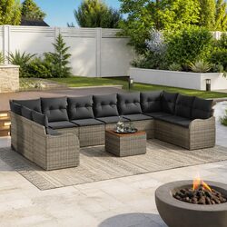 Modular Garden Sofa Set 11 Pieces Grey Poly Rattan Outdoor Furniture Patio