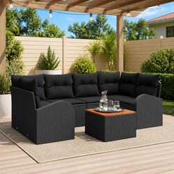 Modular Garden Sofa Set 7 Piece Outdoor Lounge Black Poly Rattan Acacia Wood