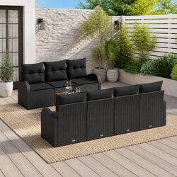 Modular Garden Sofa Set 8 Pieces Black Outdoor Patio Furniture with Cushions