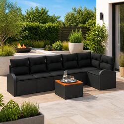 Modular Garden Sofa Set 7 Pieces Outdoor Patio Furniture Black Rattan Seating