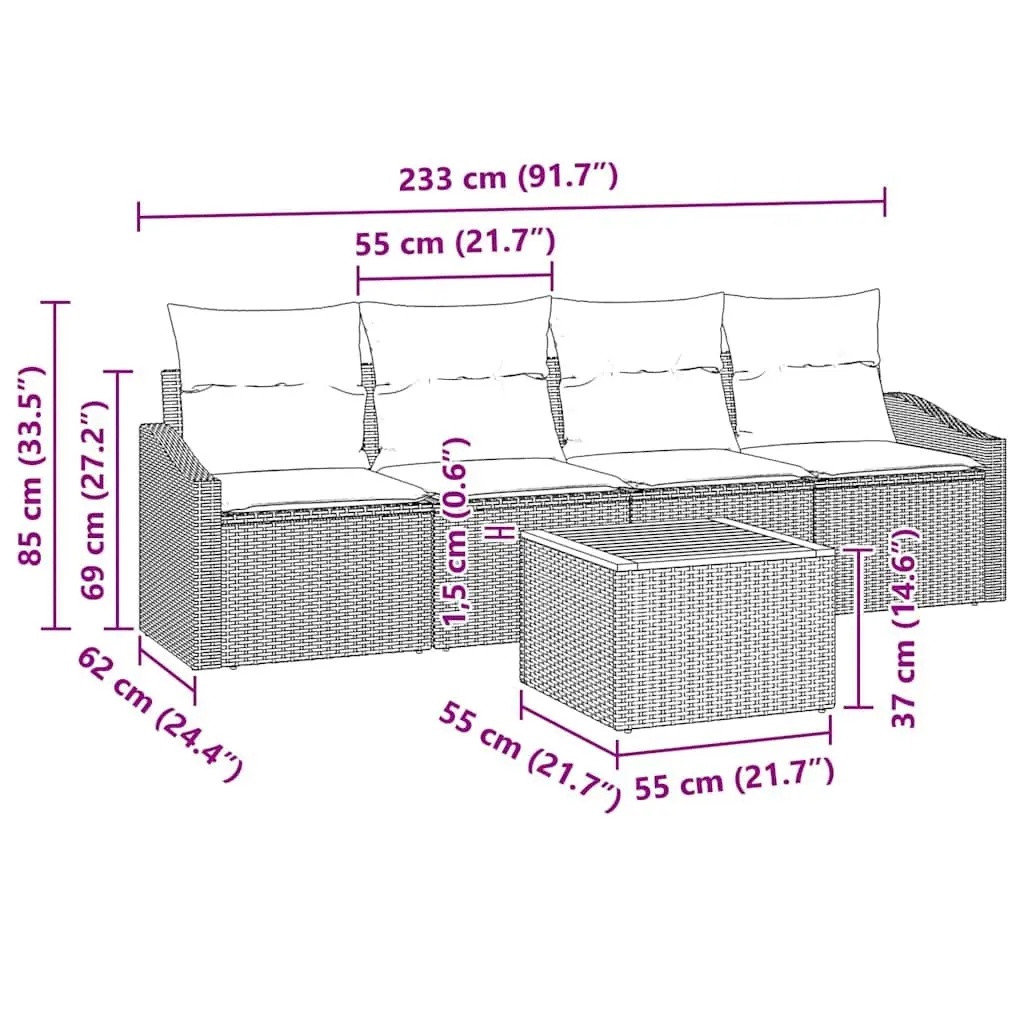 Garden Sofa Set Modular Outdoor Furniture 5 Piece Grey Poly Rattan