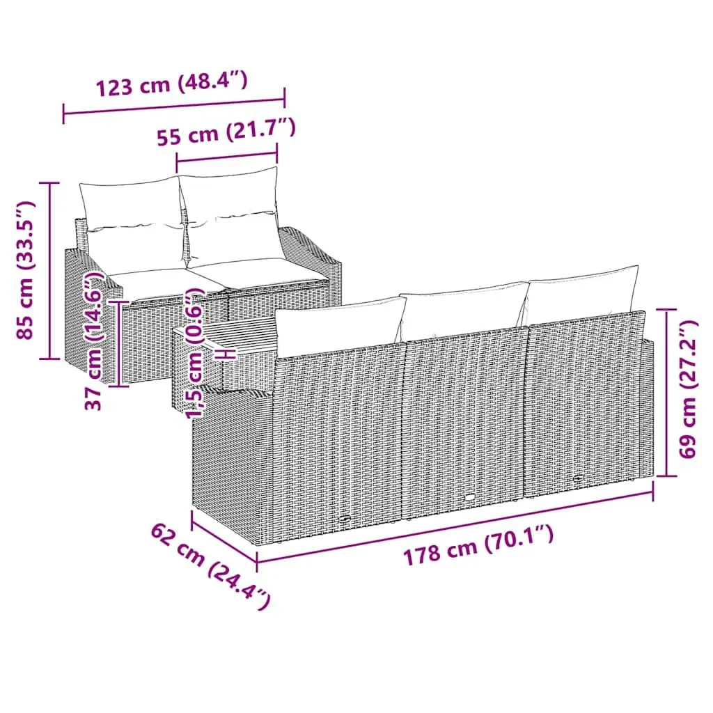 Modular Garden Sofa Set 6 Piece Grey Poly Rattan Outdoor Furniture