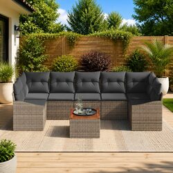 Modular Garden Sofa Set 8 Pieces Grey Poly Rattan Outdoor Furniture Seating