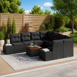 Modular Garden Sofa Set 9pcs Black Poly Rattan Outdoor Furniture with Cushions