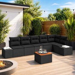 Garden Sofa Set 7 pcs Modular Outdoor Furniture Black Poly Rattan Patio Seating
